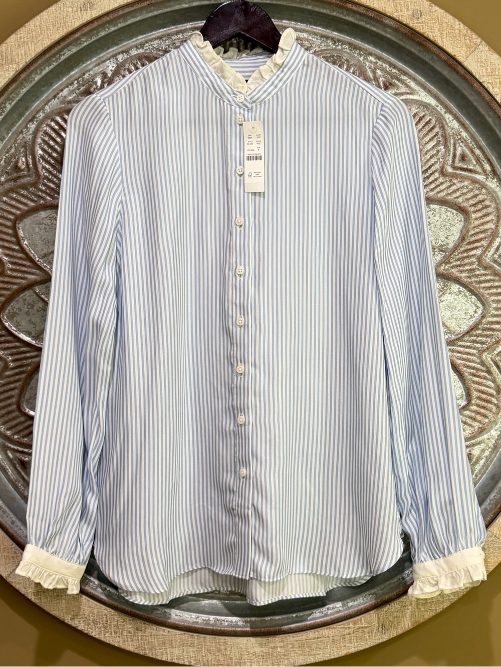 J. Crew Light Blue and White Striped Ivory Ruffle-Neck Button Down Blouse - Picture 1 of 6
